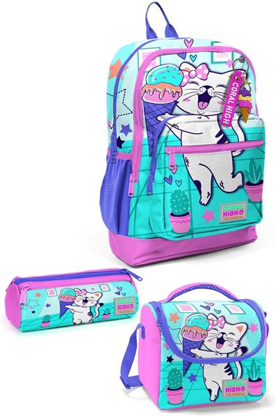 Coral High Kids Turkuaz Pembe Dondurmalı Kedi Desenli 3lü Okul Çanta Seti SET0123751