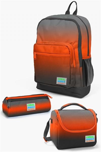 Coral High Kids Turuncu Gri Renk Geçişli 3lü Okul Çanta Seti - Erkek Çocuk
