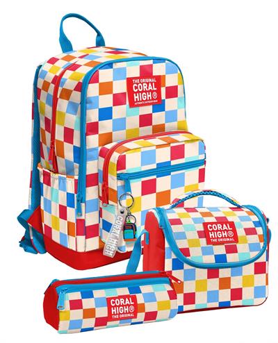 Coral High Kırmızı Çok Renkli Dama Desenli Kız Çocuk İlkokul ve Ortaokul Üçlü Okul Çanta Seti SETYGN33225A
