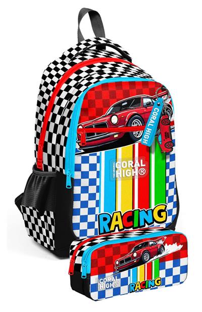 Coral High Kırmızı Racing Araba Baskılı Erkek Çocuk İlkokul Sırt Çantası ve Kalem Çantası Seti - SETYGN33257C