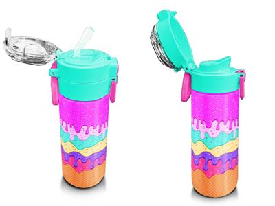 Coral High Kız Çocuk 500 ml Okul ve Günlük Paslanmaz Çelik Termos - Pembe Rengarenk Dondurma Desenli - Sızdırmaz 31938