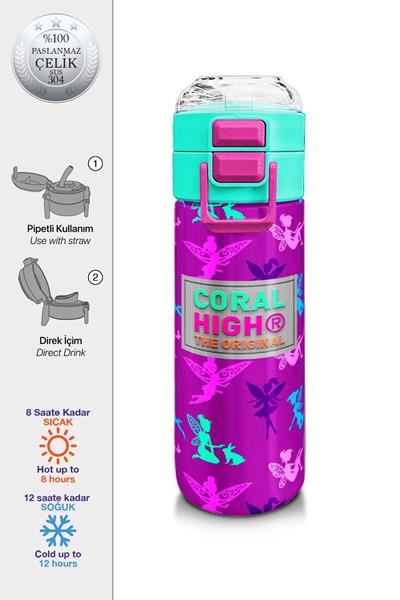 Coral High Kız Çocuk 500 ml Okul ve Günlük Paslanmaz Çelik Termos - Pembe Su Yeşili Peri Desenli  - Sızdırmaz 31900