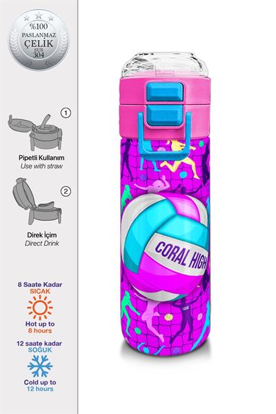 Coral High Kız Çocuk 500 ml Okul ve Günlük Paslanmaz Çelik Termos - Pembe Mor Voleybol Desenli - Sızdırmaz 31962