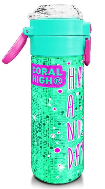 Coral High Kız Çocuk 500 ml Okul ve Günlük Paslanmaz Çelik Termos - Pembe Su Yeşili Kedi Desenli  - Sızdırmaz 31806