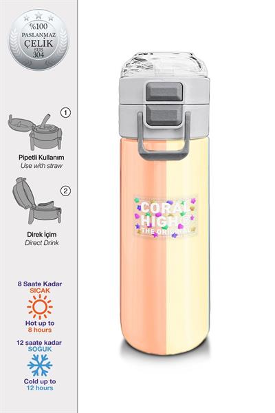 Coral High Kız Çocuk 500 ml Okul ve Günlük Paslanmaz Çelik Termos - Sarı Turuncu Renkli Çizgili - Sızdırmaz 31880