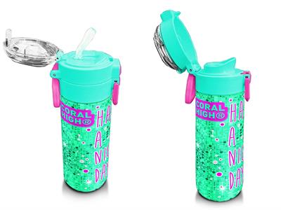 Coral High Kız Çocuk 500 ml Okul ve Günlük Paslanmaz Çelik Termos - Pembe Su Yeşili Kedi Desenli  - Sızdırmaz 31806