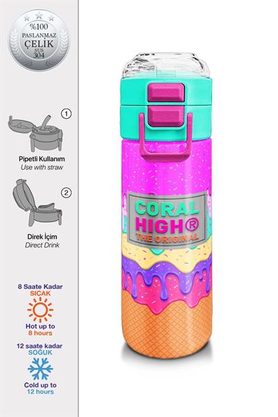 Coral High Kız Çocuk 500 ml Okul ve Günlük Paslanmaz Çelik Termos - Pembe Rengarenk Dondurma Desenli - Sızdırmaz 31938