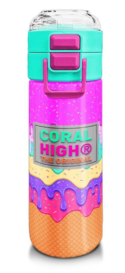 Coral High Kız Çocuk 500 ml Okul ve Günlük Paslanmaz Çelik Termos - Pembe Rengarenk Dondurma Desenli - Sızdırmaz 31938