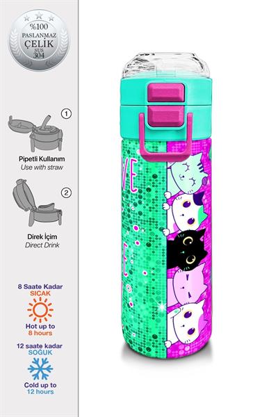 Coral High Kız Çocuk 500 ml Okul ve Günlük Paslanmaz Çelik Termos - Pembe Su Yeşili Kedi Desenli  - Sızdırmaz 31806