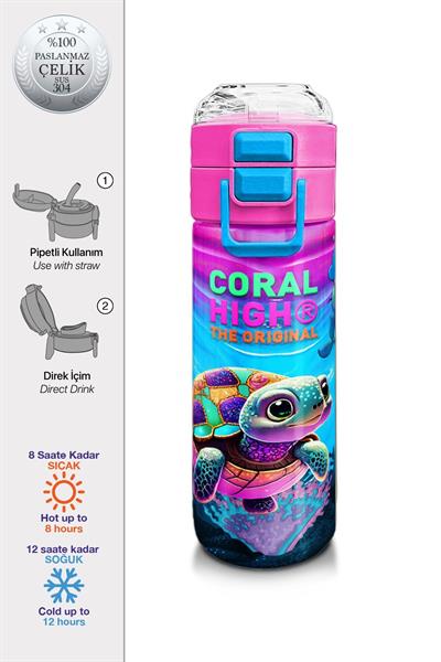 Coral High Kız Çocuk 500 ml Okul ve Günlük Paslanmaz Çelik Termos - Pembe Mor Kaplumbağa Desenli - Sızdırmaz 31957