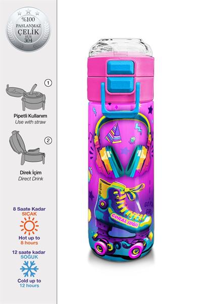 Coral High Kız Çocuk 500 ml Okul ve Günlük Paslanmaz Çelik Termos - Pembe Turkuaz Kulaklık Paten Desenli  - Sızdırmaz 31955