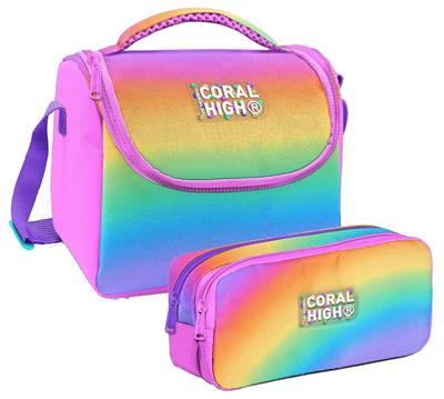 Coral High Kız Çocuk Çok Renkli Renk Geçişli Gradyan Thermo Beslenme Çantası ve İki Bölmeli Kalemlik Seti