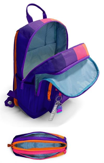 Coral High Kız Çocuk Dört Gözlü Okul Sırt Çantası ve  Kalemlik Seti - Mor Turuncu Renkli Çizgili - İlkokul ve Ortaokul İçin Uygun