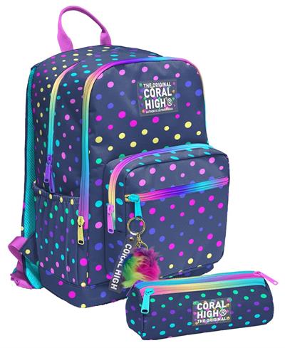 Coral High Kız Çocuk Dört Gözlü Okul Sırt Çantası ve  Kalemlik Seti - Puantiyeli Lacivert - İlkokul ve Ortaokul İçin Uygun