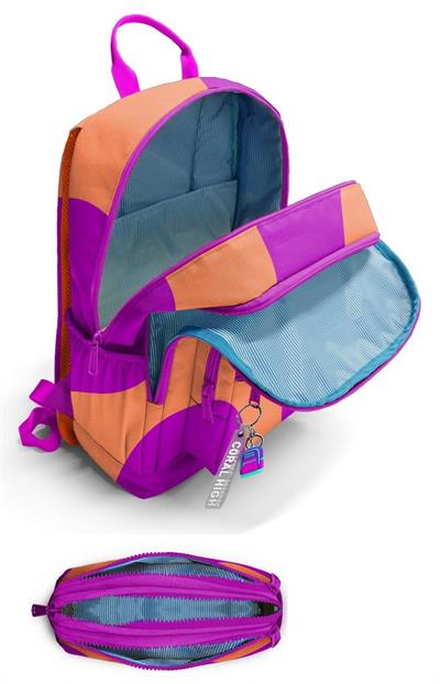 Coral High Kız Çocuk Dört Gözlü Okul Sırt Çantası ve  Kalemlik Seti - Turuncu Mor Renkli Çizgili - İlkokul ve Ortaokul İçin Uygun