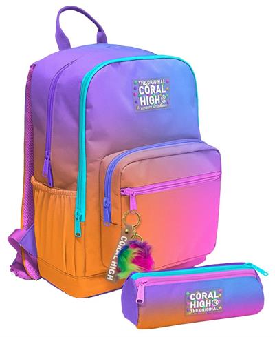 Coral High Kız Çocuk Dört Gözlü Okul Sırt Çantası ve  Kalemlik Seti - Turuncu Mor Renk Geçişli - İlkokul ve Ortaokul İçin Uygun