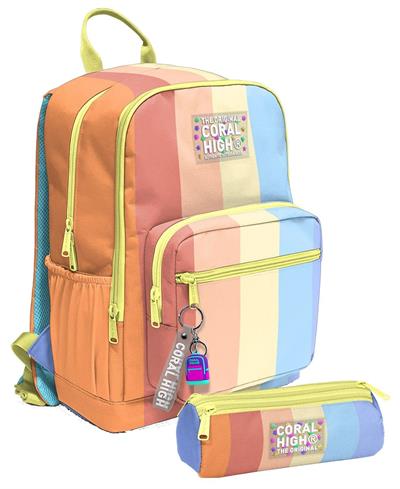 Coral High Kız Çocuk Dört Gözlü Okul Sırt Çantası ve  Kalemlik Seti - Turuncu Sarı Mavi Renkli Çizgili - İlkokul ve Ortaokul İçin Uygun