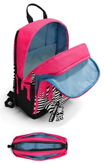 Coral High Kız Çocuk Dört Gözlü Okul Sırt Çantası ve  Kalemlik Seti - Pembe Siyah Beyaz Boya Desenli - İlkokul ve Ortaokul İçin Uygun