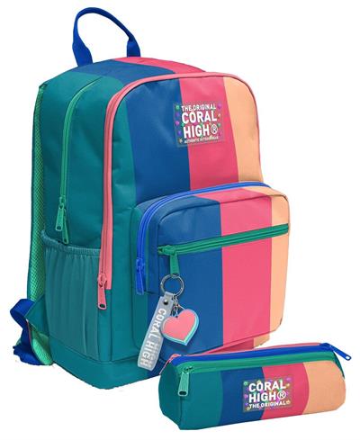 Coral High Kız Çocuk Dört Gözlü Okul Sırt Çantası ve  Kalemlik Seti - Yeşil Mavi Pembe Renkli Çizgili - İlkokul ve Ortaokul İçin Uygun