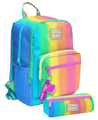 Coral High Kız Çocuk Dört Gözlü Okul Sırt Çantası ve  Kalemlik Seti - Renkli Çizgili Mavi Turuncu - İlkokul ve Ortaokul İçin Uygun