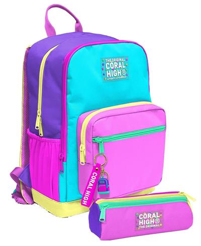 Coral High Kız Çocuk Dört Gözlü Okul Sırt Çantası ve  Kalemlik Seti - Mor Yeşil Pembe Çok Renkli - İlkokul ve Ortaokul İçin Uygun