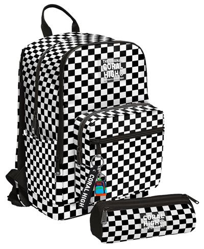 Coral High Kız Çocuk Dört Gözlü Okul Sırt Çantası ve  Kalemlik Seti - Siyah Beyaz Damalı - İlkokul ve Ortaokul İçin Uygun