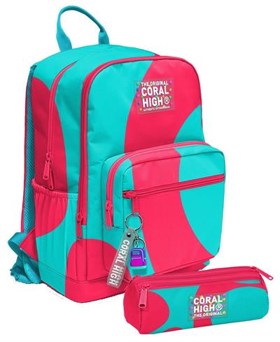Coral High Kız Çocuk Dört Gözlü Okul Sırt Çantası ve  Kalemlik Seti - Kırmızı Turkuaz Renkli Çizgili - İlkokul ve Ortaokul İçin Uygun