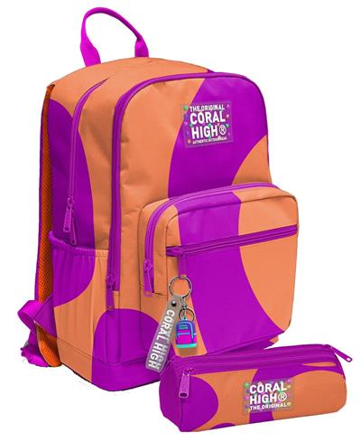 Coral High Kız Çocuk Dört Gözlü Okul Sırt Çantası ve  Kalemlik Seti - Turuncu Mor Renkli Çizgili - İlkokul ve Ortaokul İçin Uygun