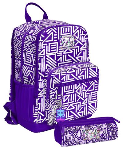 Coral High Kız Çocuk Dört Gözlü Okul Sırt Çantası ve  Kalemlik Seti - Mor Beyaz Geometrik Şekiller - İlkokul ve Ortaokul İçin Uygun
