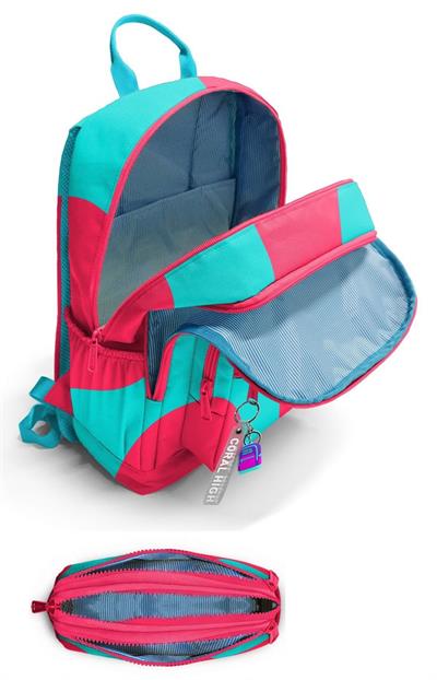 Coral High Kız Çocuk Dört Gözlü Okul Sırt Çantası ve  Kalemlik Seti - Kırmızı Turkuaz Renkli Çizgili - İlkokul ve Ortaokul İçin Uygun