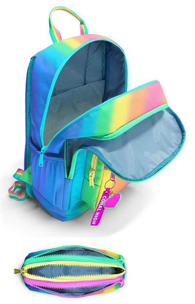 Coral High Kız Çocuk Dört Gözlü Okul Sırt Çantası ve  Kalemlik Seti - Renkli Çizgili Mavi Turuncu - İlkokul ve Ortaokul İçin Uygun