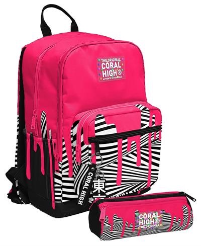 Coral High Kız Çocuk Dört Gözlü Okul Sırt Çantası ve  Kalemlik Seti - Pembe Siyah Beyaz Boya Desenli - İlkokul ve Ortaokul İçin Uygun