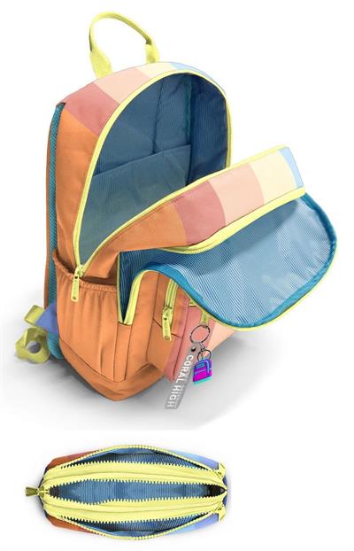 Coral High Kız Çocuk Dört Gözlü Okul Sırt Çantası ve  Kalemlik Seti - Turuncu Sarı Mavi Renkli Çizgili - İlkokul ve Ortaokul İçin Uygun