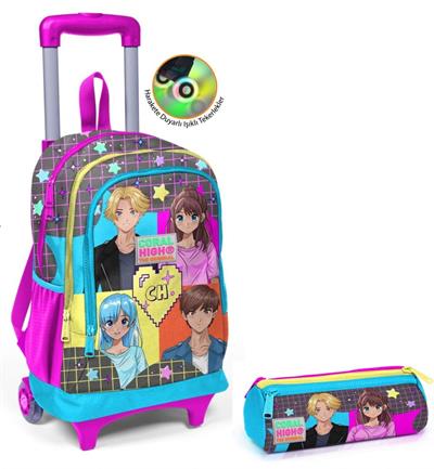 Coral High Kız Çocuk Gri Anime Tekerlekli Okul Çantası ve Kalemlik Seti