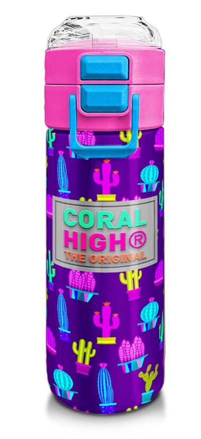 Coral High Kız Çocuk İçin 500 mllik Paslanmaz Çelik Termos/Suluk - Mor Pembe Kaktüs Desenli 31899