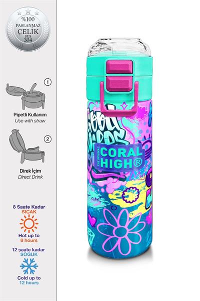 Coral High Çelik Matara Termos/Suluk 31971 - 500ml, Kız Çocuk, Lavanta Su Yeşili Grafiti Desenli