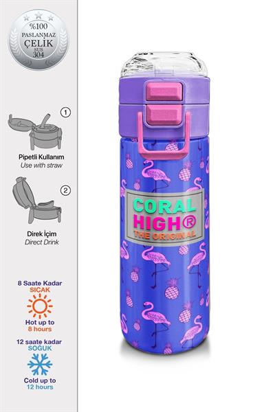 Coral High Kız Çocuk İçin 500 mllik Paslanmaz Çelik Termos/Suluk - Lavanta Pembe Flamingo Desenli 31905