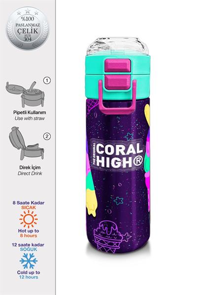 Coral High Çelik Matara Termos/Suluk 31980 - 500ml, Kız Çocuk, Mor Pembe Dondurma Desenli