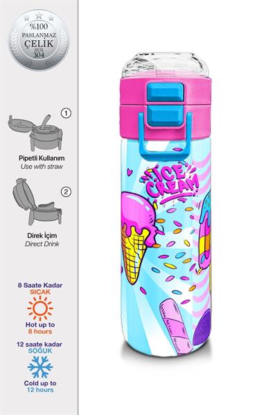 Coral High Kız Çocuk İçin 500 mllik Paslanmaz Çelik Termos/Suluk - Mixed Dondurma Desenli 31809