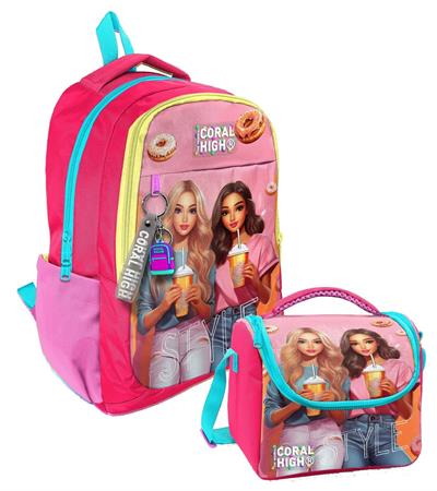 Coral High Kız Çocuk İlk ve Ortaokul Sırt Çantası ve Beslenme Çantası - Pembe Kırmızı Fashion Girl