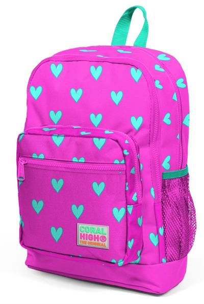 Coral High Kız Çocuk İlkokul Çantası - Pembe-Yeşil Kalp Desenli