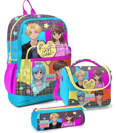 Coral High Kız Çocuk İlkokul Çantası Seti - Mavi Pembe Anime