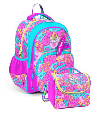 Coral High Kız Çocuk İlkokul Çantası ve Beslenme Seti - Pembe Su Yeşili Harf Baskılı SETYGN33241B
