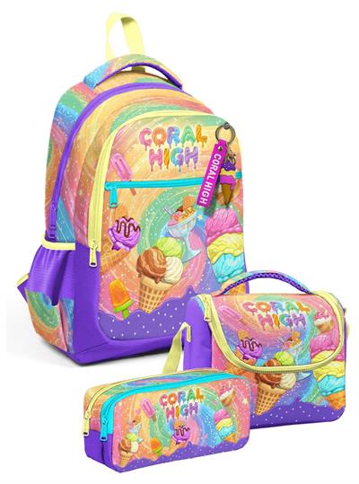 Coral High Kız Çocuk İlkokul Üçlü Okul Çantası Seti - Mor Sarı Dondurma Baskılı - SETYGN33254A