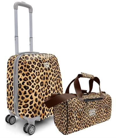 Coral High Kız Çocuk Kahverengi Leopar Desenli Çocuk Valizi ve Seyahat/Spor Çantası Seti