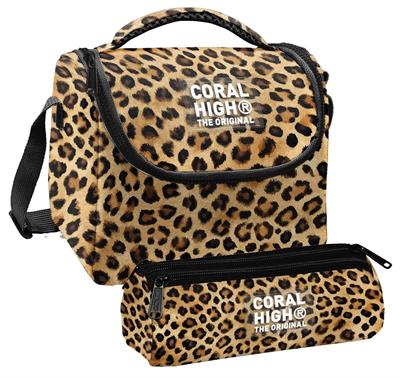 Coral High Kız Çocuk Kahverengi Leopar Thermo Beslenme Çantası ve Üç Bölmeli Kalem Çantası Seti