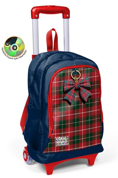 Coral High Kız Çocuk Lacivert Kırmızı Ekosa Desenli Işıklı Tekerlekli Çekçek Okul Çantası - 34007