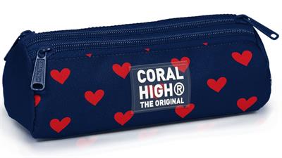 Coral High Kız Çocuk Lacivert Kırmızı Kalp Desenli Üç Gözlü Okul Kalem Çantası 31029