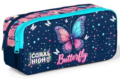 Coral High Kız Çocuk Lacivert Pembe Kelebek Desenli İki Bölmeli Kalem Çantası/Kalemlik 31049