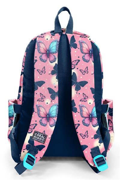 Coral High Kız Çocuk Lacivert Pembe Kelebek Desenli 3 Bölmeli İlkokul ve Ortaokul Çantası - 33249